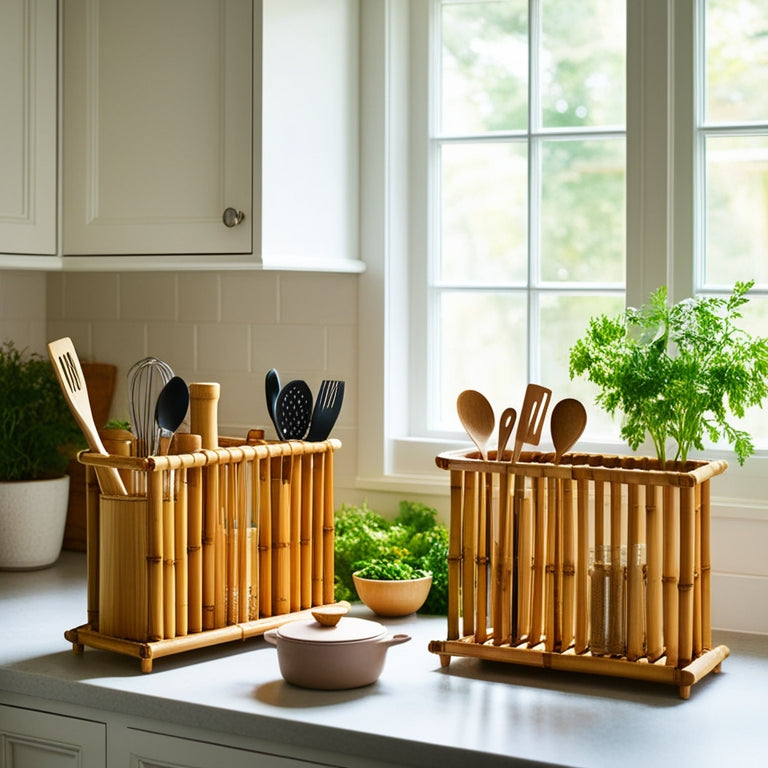 A serene kitchen scene featuring elegant bamboo organizers displaying utensils, spices, and pots. Soft natural light filters through a window, highlighting the warm tones of bamboo against a backdrop of white cabinetry and fresh herbs.