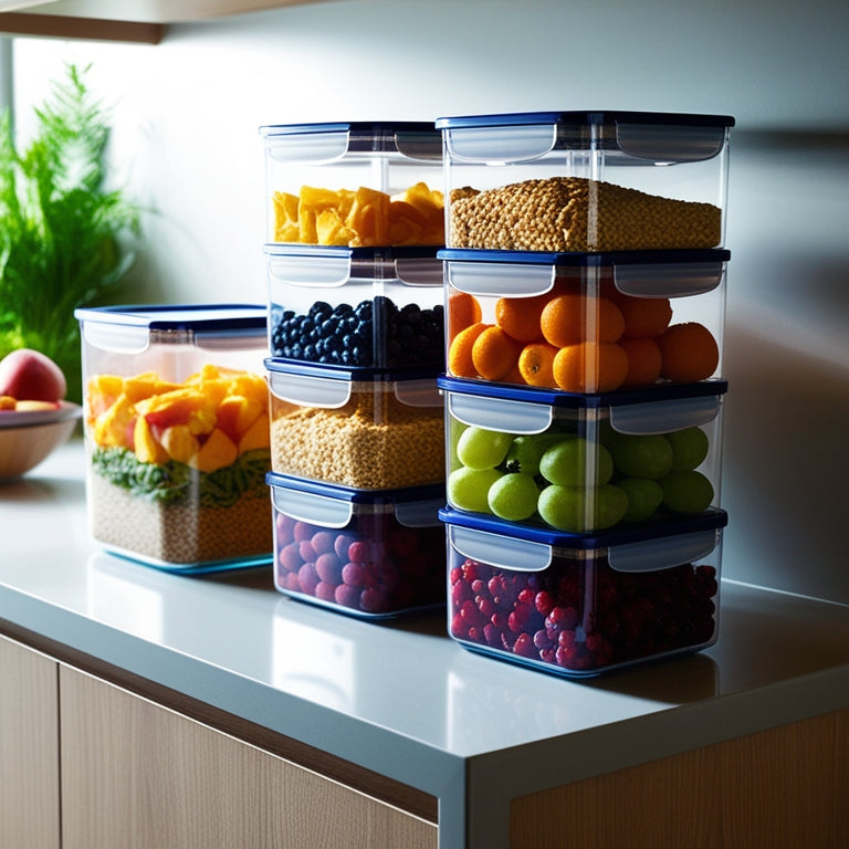 A sleek kitchen countertop adorned with colorful stackable food storage containers, filled with vibrant fruits, grains, and snacks. Soft natural light illuminates the scene, highlighting the organized layers and transparent lids.