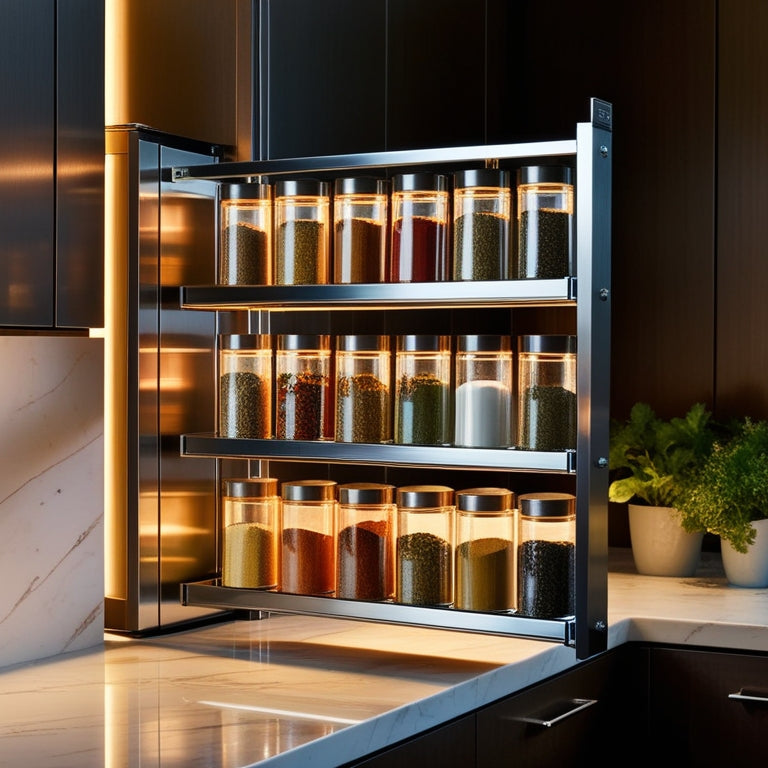 A sleek kitchen featuring a pull-down spice rack, filled with colorful spice jars, illuminated by warm, soft lighting. The background showcases modern cabinetry and a marble countertop, with a hint of greenery from potted herbs.