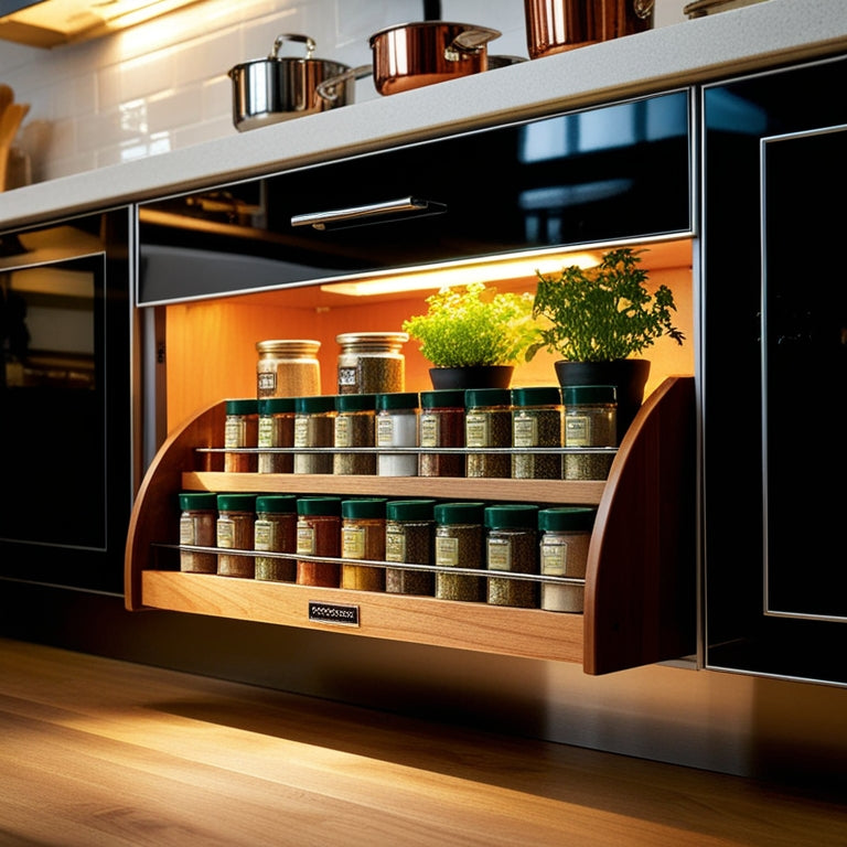 A sleek kitchen with a polished wooden under cabinet spice rack, filled with colorful spice jars, bright herbs in small pots, and a warm, inviting light illuminating the space, enhancing the organized, culinary atmosphere.