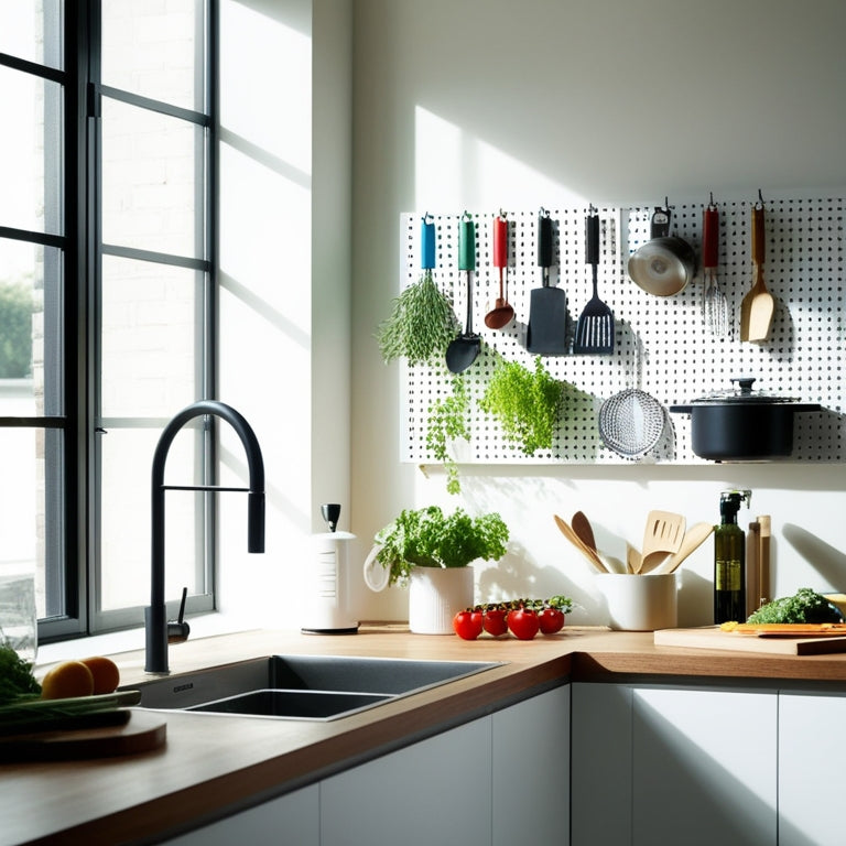 A sleek, minimalist kitchen featuring a white pegboard adorned with colorful kitchen tools, hanging herbs, and stylish utensils. Soft natural light streams in, illuminating a wooden countertop with fresh produce and modern appliances.