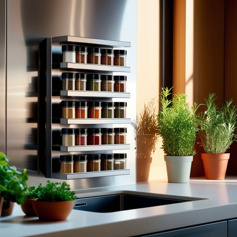 A sleek, modern kitchen featuring a magnetic spice rack on a stainless steel backsplash, with colorful spice jars neatly aligned, and fresh herbs in pots nearby, all bathed in warm, natural light.