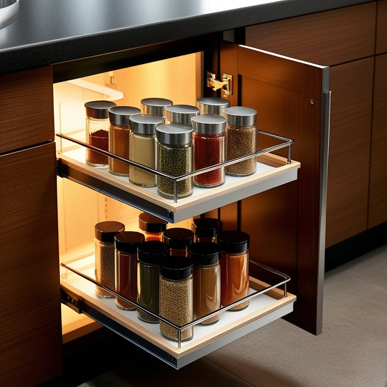 A sleek, modern kitchen featuring an under cabinet spice rack, showcasing neatly organized glass jars filled with vibrant spices, accented by warm wood tones and soft, ambient lighting for a cozy culinary atmosphere.