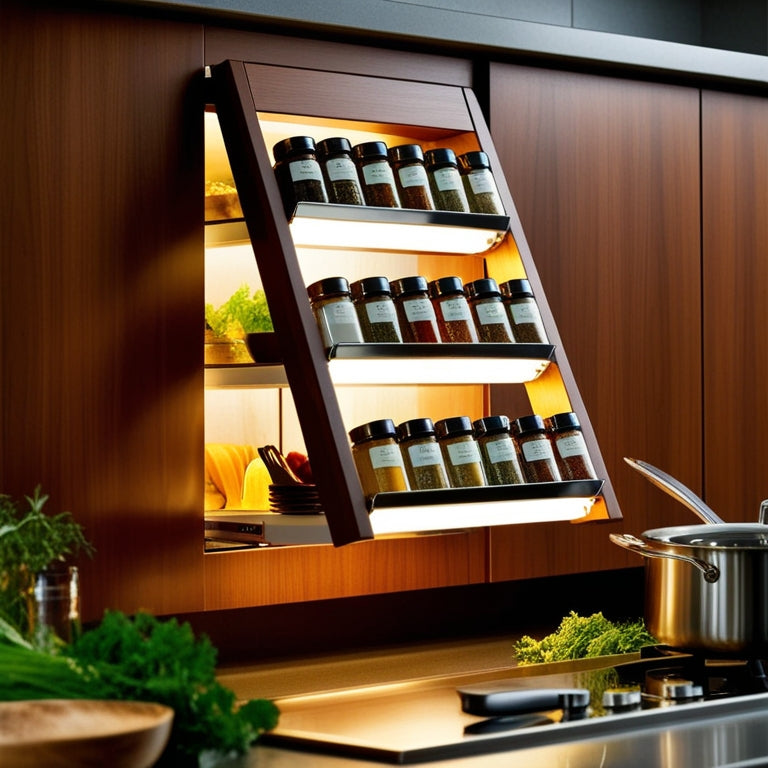 A sleek, modern kitchen showcasing a wooden cabinet with a pull-down spice rack. Colorful spice jars neatly arranged, illuminated by soft under-cabinet lighting, surrounded by fresh herbs and cooking utensils for a warm, inviting atmosphere.