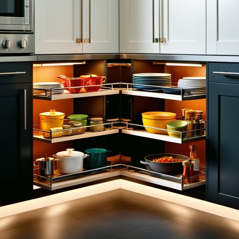 A sleek, modern kitchen with a stylish blind corner cabinet, featuring organized pull-out shelves filled with vibrant dishes, spices, and cookware, illuminated by warm lighting, showcasing efficiency and elegance in storage solutions.