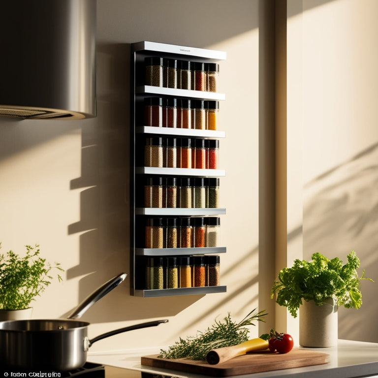 A sleek, modern kitchen with a vertical spice rack mounted on the wall, showcasing colorful spice jars, surrounded by fresh herbs and cooking utensils, bathed in warm, natural light.