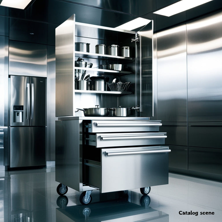 A sleek stainless steel rolling cabinet with multiple drawers and open shelving, set against a modern kitchen backdrop, reflecting bright overhead lights, showcasing organized kitchenware and utensils in a polished, minimalist environment.