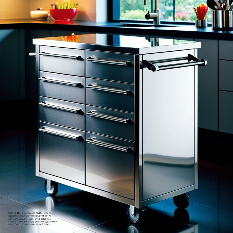 A sleek stainless steel rolling cabinet with polished surfaces, multiple drawers, and smooth wheels, set against a modern kitchen backdrop, showcasing vibrant utensils and a stylish countertop, reflecting natural light from a nearby window.