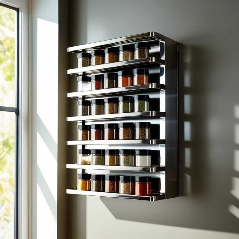 A sleek stainless steel spice rack mounted on a kitchen wall, displaying an array of colorful spice jars, with sunlight streaming through a nearby window, highlighting the shiny surface and organized arrangement.