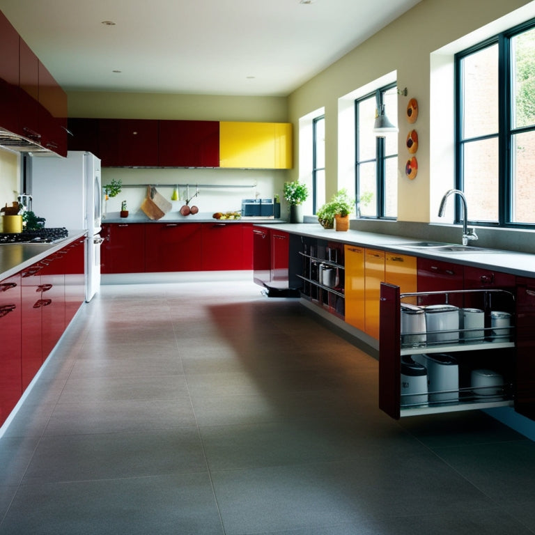 A spacious kitchen featuring low countertops, pull-out shelves, and wide pathways, with adaptive appliances, contrasting colors, and natural light streaming through large windows, creating a welcoming and functional environment for all users.