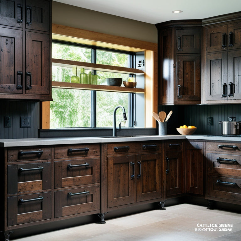 A spacious kitchen featuring rugged, dark wood heavy-duty cabinets with robust metal handles, showcasing a mix of open shelving and closed storage. Bright, natural light floods in, highlighting the sleek countertop and modern appliances.