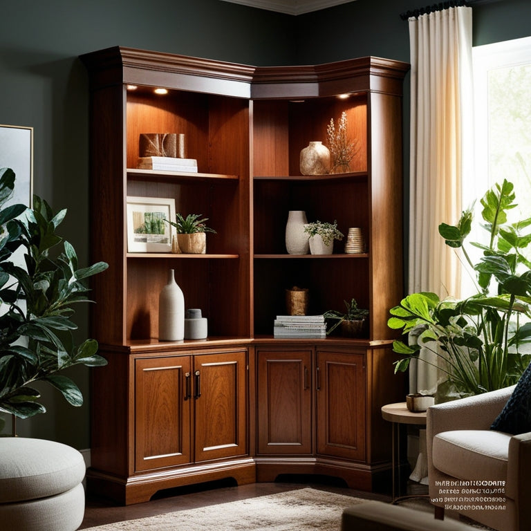 A stylish corner cabinet in a cozy living room, featuring elegant wood finishes, open shelves displaying decorative items, and soft ambient lighting, surrounded by plants and modern furniture, creating a warm, inviting atmosphere.