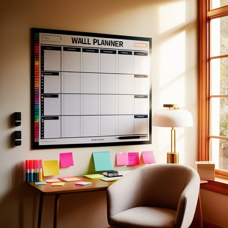 A stylish home office scene featuring a large erasable wall planner, vibrant colored markers scattered around, sticky notes in various shapes, and a cozy chair, all bathed in warm, natural light from a nearby window.