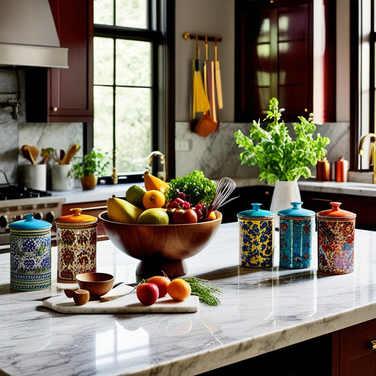 A stylish kitchen island adorned with a marble countertop, featuring an array of colorful ceramic canisters, a wooden fruit bowl overflowing with fresh produce, and vibrant kitchen utensils in a chic holder.