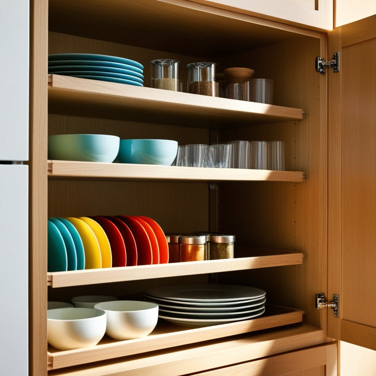 A tidy kitchen cabinet interior showcasing sleek, modern shelf dividers, neatly organizing colorful dishes, glassware, and spices. Soft, warm lighting highlights the natural wood finish and clean lines of the cabinets.