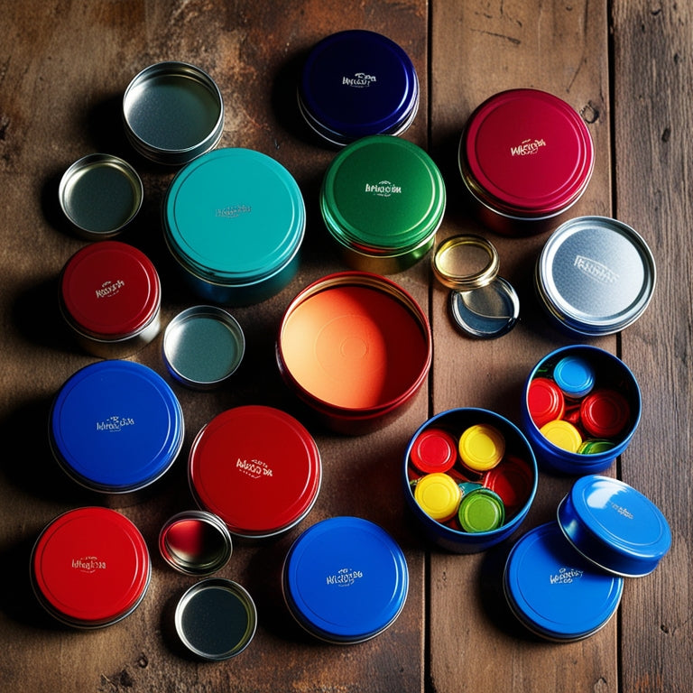 A vibrant arrangement of colorful magnetic tins in various sizes, scattered on a rustic wooden surface, showcasing their glossy finishes and unique patterns, with some tins open revealing bright, assorted contents inside.