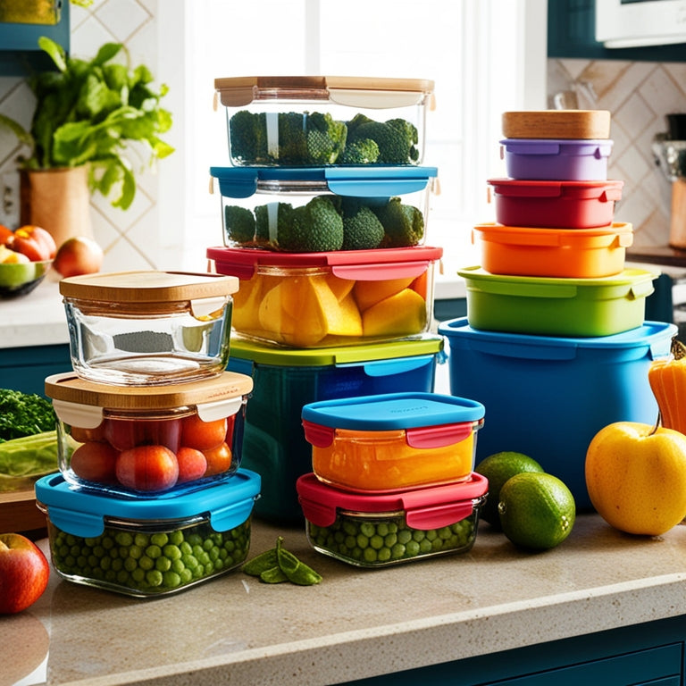 A vibrant kitchen countertop displaying an array of colorful food storage sets: clear glass containers with bamboo lids, stackable plastic bins in various sizes, and silicone bags, all surrounded by fresh fruits and vegetables.