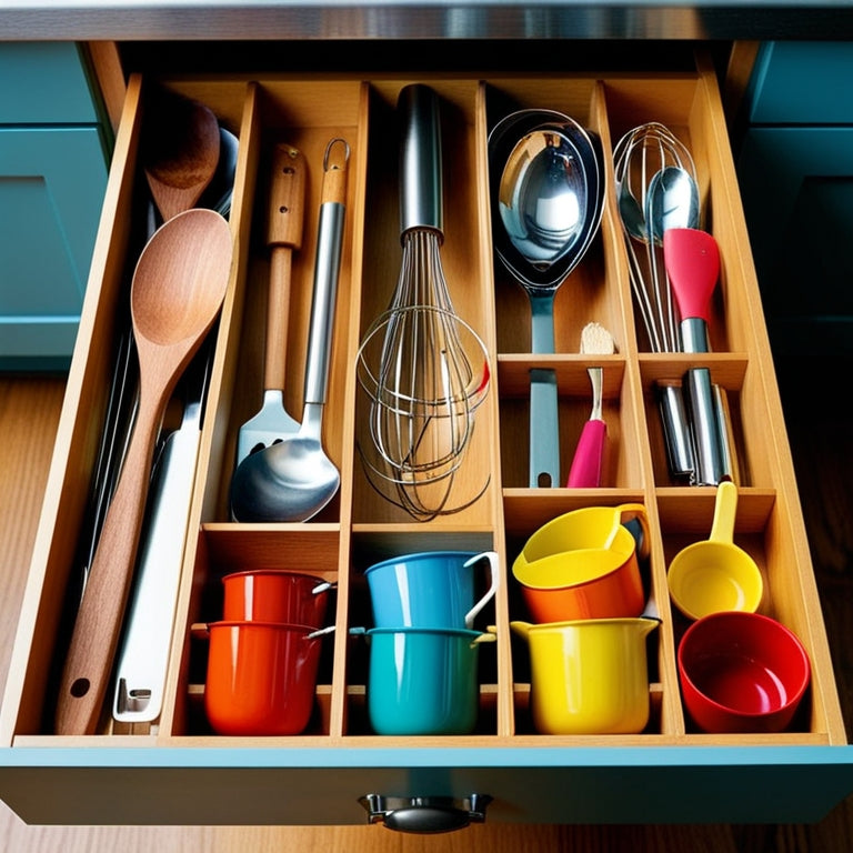 A vibrant kitchen drawer filled with neatly arranged utensil organizers, showcasing wooden spoons, stainless steel spatulas, colorful whisks, and measuring cups, all harmoniously organized with varying compartments and textures.