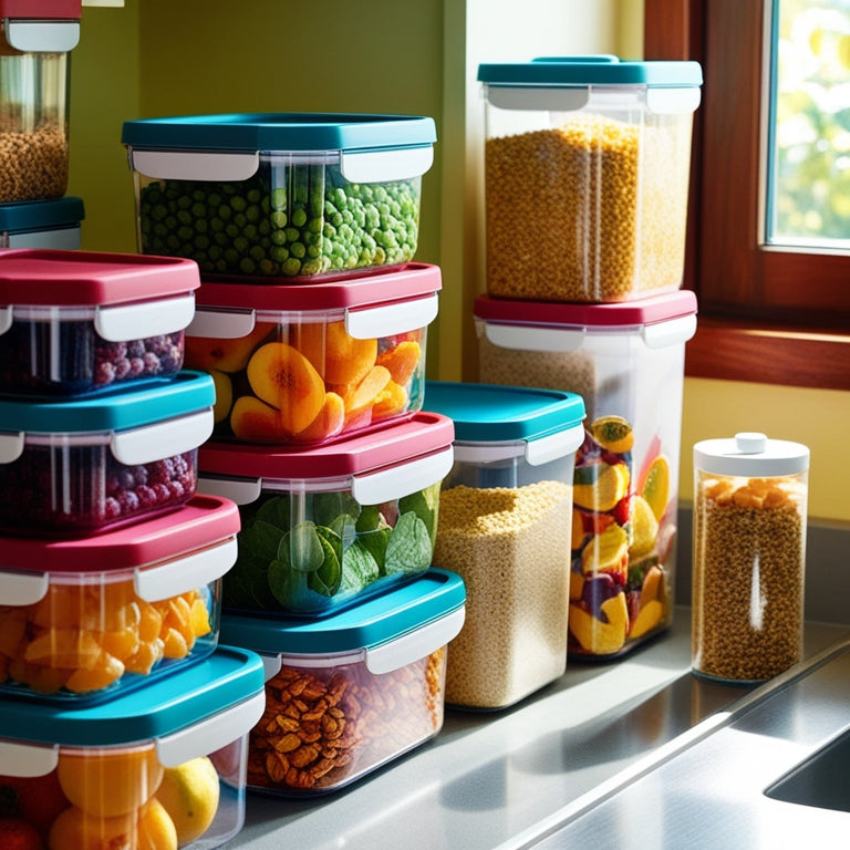 A vibrant kitchen scene featuring colorful stackable food storage containers, neatly arranged in a pantry, filled with fresh fruits, grains, and snacks, with sunlight streaming through a window illuminating their transparent lids.