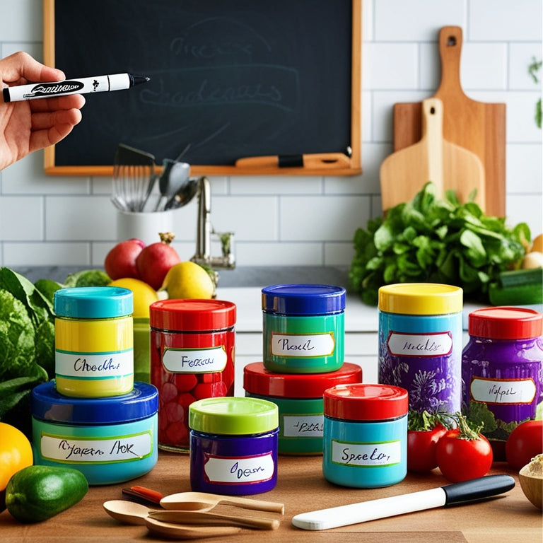 A vibrant kitchen scene showcasing various colorful jars and containers with erasable food labels, featuring a hand holding a marker, surrounded by fresh produce, utensils, and a chalkboard, evoking a sense of organization and creativity.