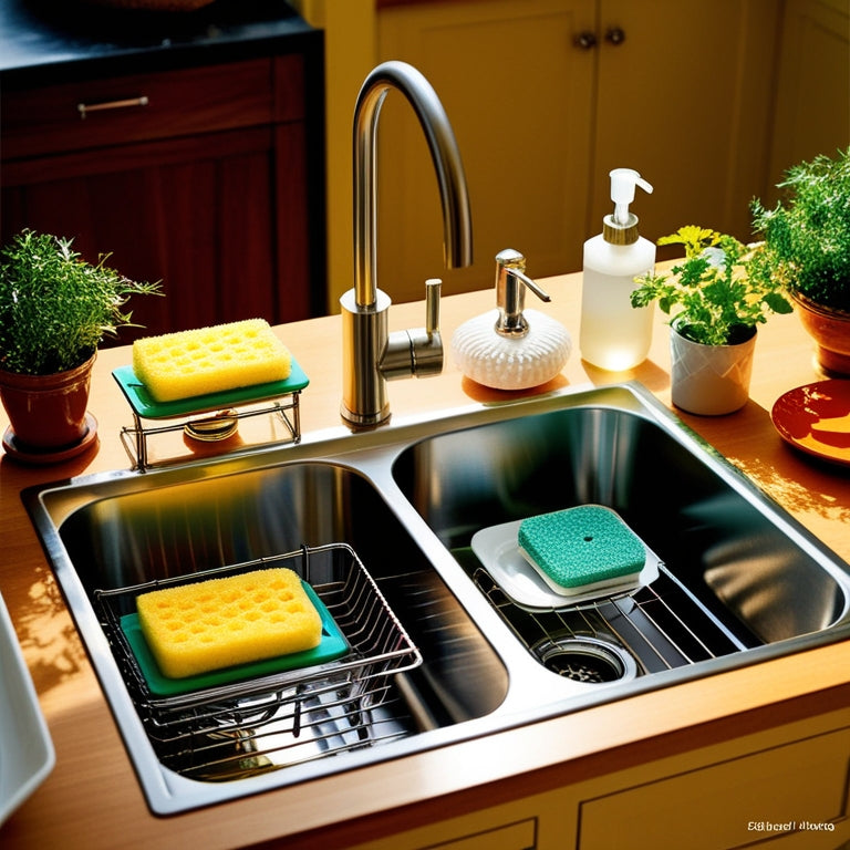 A vibrant kitchen sink scene featuring a sleek stainless steel sink adorned with colorful sponge holders, elegant dish racks, a stylish soap dispenser, and fresh herbs in pots, all illuminated by warm, natural light.