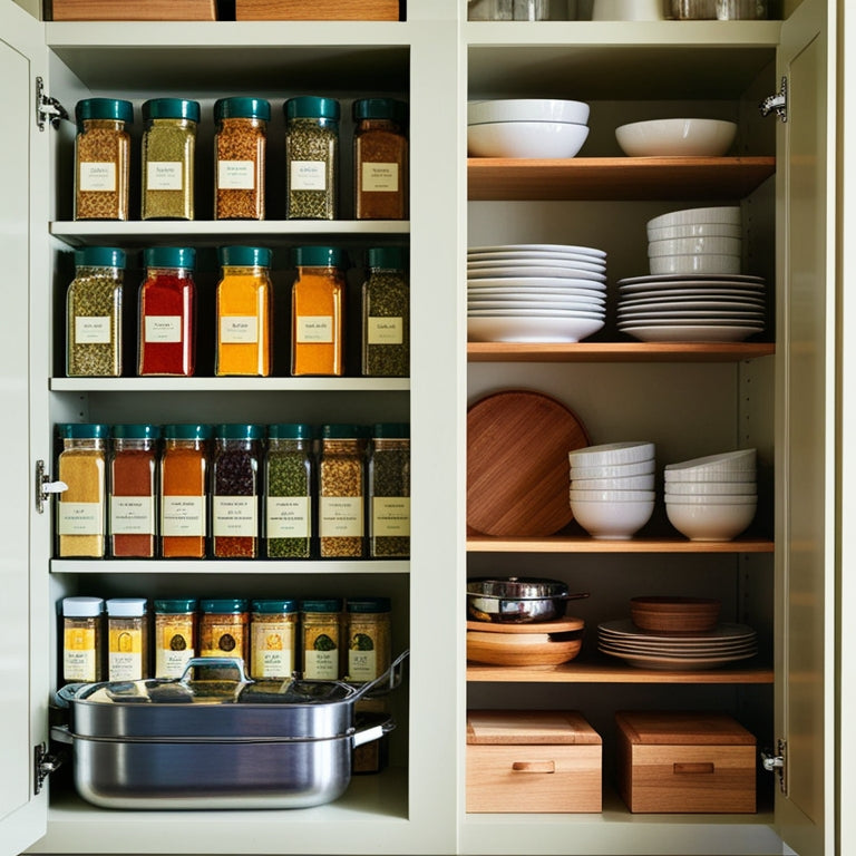 A well-organized kitchen cabinet brimming with colorful spices in labeled jars, stacked dishes, and neatly arranged cookware, showcasing various wooden and metal organizers, with soft natural light illuminating the scene.