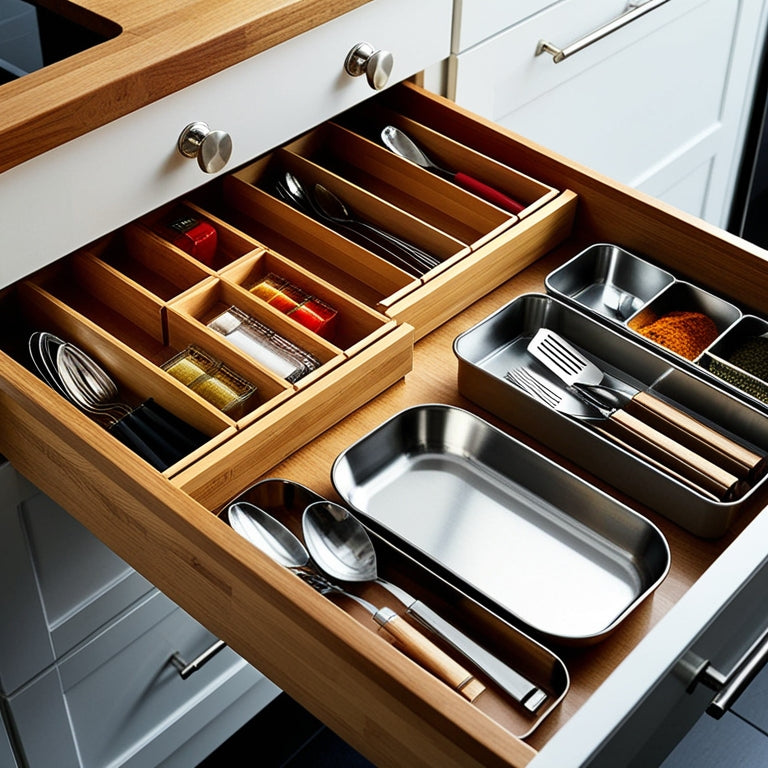 A well-organized kitchen drawer filled with various drawer organizers: bamboo dividers, clear plastic bins, and metallic cutlery trays, showcasing neatly arranged utensils, spices, and kitchen tools in harmonious colors and textures.