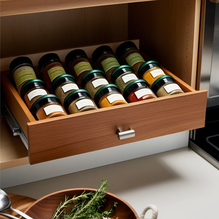 Visualize a sleek kitchen with a warm wooden under cabinet spice rack, filled with colorful spice jars. Soft lighting highlights the spices, while a subtle hint of herbs and cooking utensils adds charm.