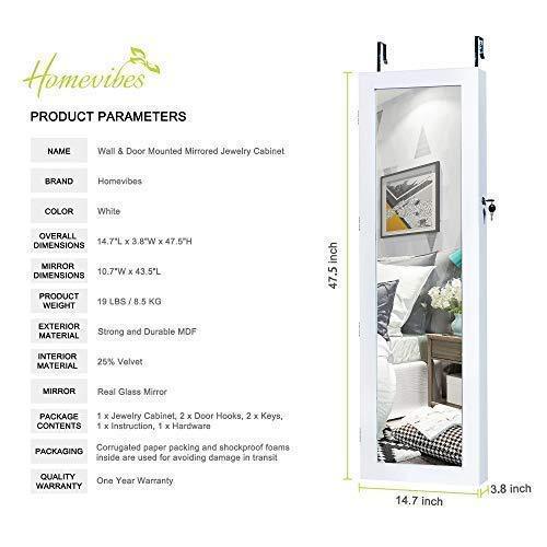 Shop here homevibes jewelry cabinet jewelry armoire 6 leds mirrored makeup lockable door wall mounted jewelry organizer hanging storage mirror with 2 drawers white