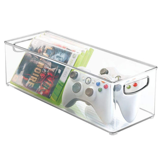 Storage plastic stackable household storage organizer container bin with handles for media consoles closets cabinets holds dvds video games gaming accessories head sets 4 pack clear