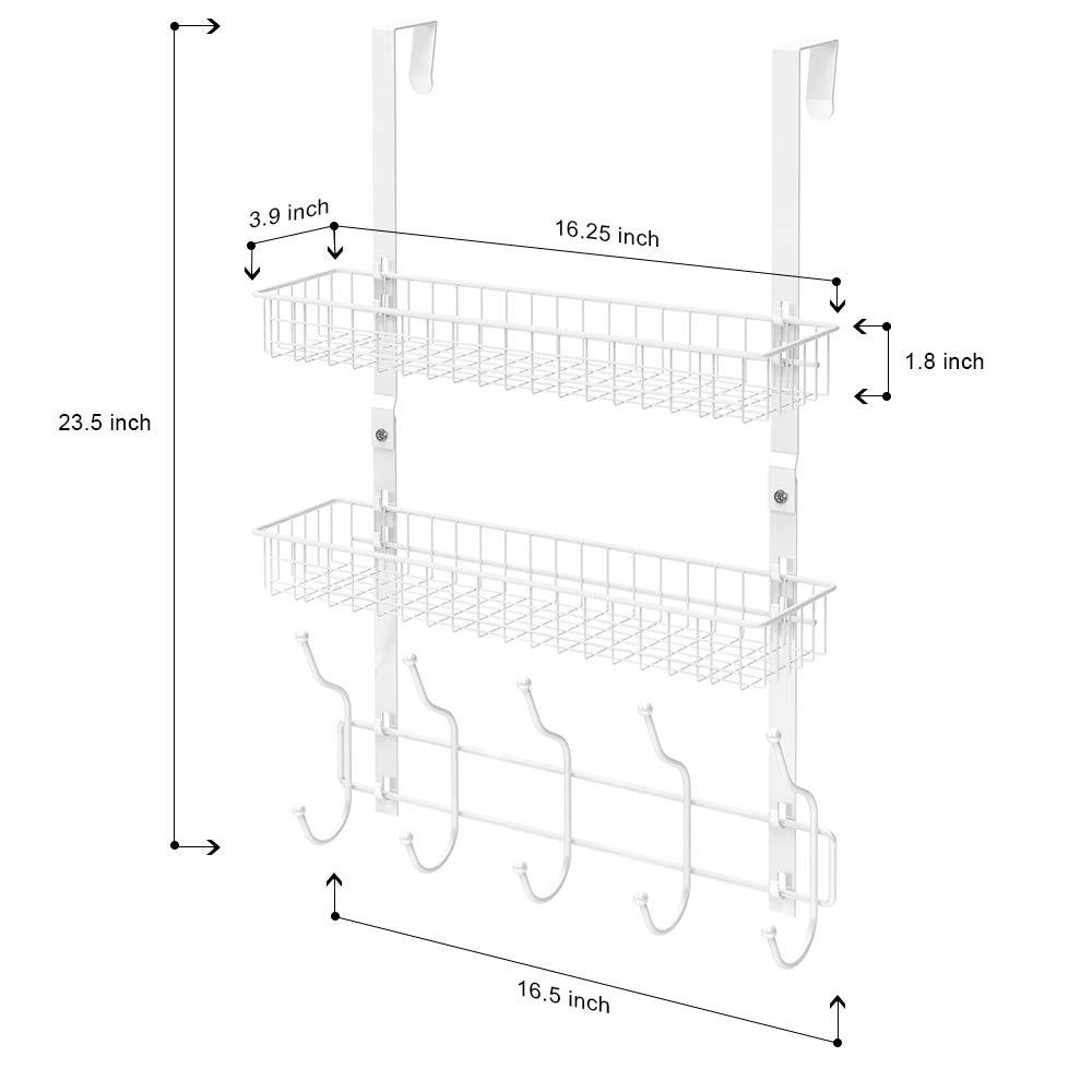 NEX Upgrade Over The Door Hook Shelf Organizer 5 Hooks with 2 Baskets Storage Rack for Coats & Towels, Chrome (White)