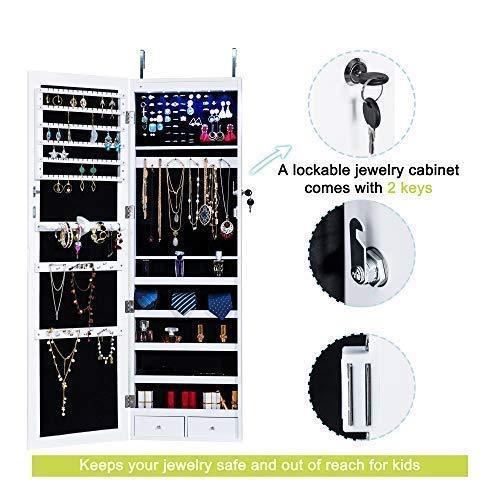 The best homevibes jewelry cabinet jewelry armoire 6 leds mirrored makeup lockable door wall mounted jewelry organizer hanging storage mirror with 2 drawers white