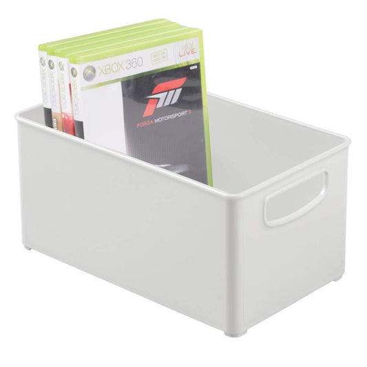 Storage organizer plastic stackable home storage organizer container bin box with handles for media consoles closets cabinets holds dvds blu ray video games gaming accessories 4 pack light gray