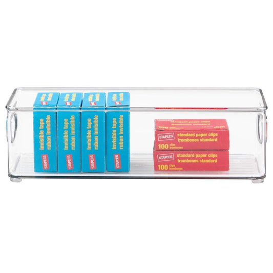 On stackable plastic office storage organizer container with handles for cabinets drawers desks workspace bpa free for pens pencils highlighters tape 10 long 4 pack clear