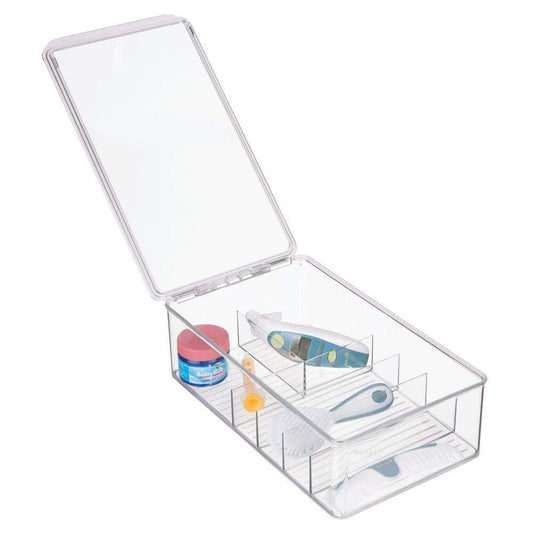 Discover stackable plastic storage organizer container for kitchen cabinets pantry countertops holds kids child toddler mealtime sets small accessories 6 sections bpa free 4 pack clear