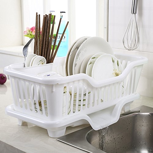 XHHOME Environmental PP Plastic Kitchen Sink Dish Drainer Set Rack Washing Holder Basket Organizer Tray, Approx 17.5" x 9.5'' x 7'' (White)