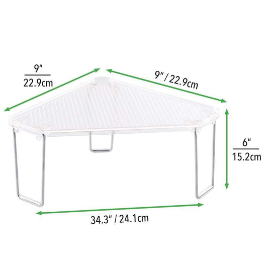 Featured corner plastic metal freestanding stackable organizer shelf for kitchen countertop pantry or cabinet for storing plates mugs bowls canned goods baking supplies 4 pack clear chrome