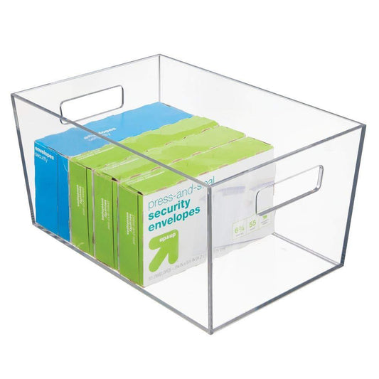 Storage organizer plastic storage bin with handles for office desk book shelf filing cabinet organizer for sticky notes pens notepads pencils supplies 12 long 6 pack clear