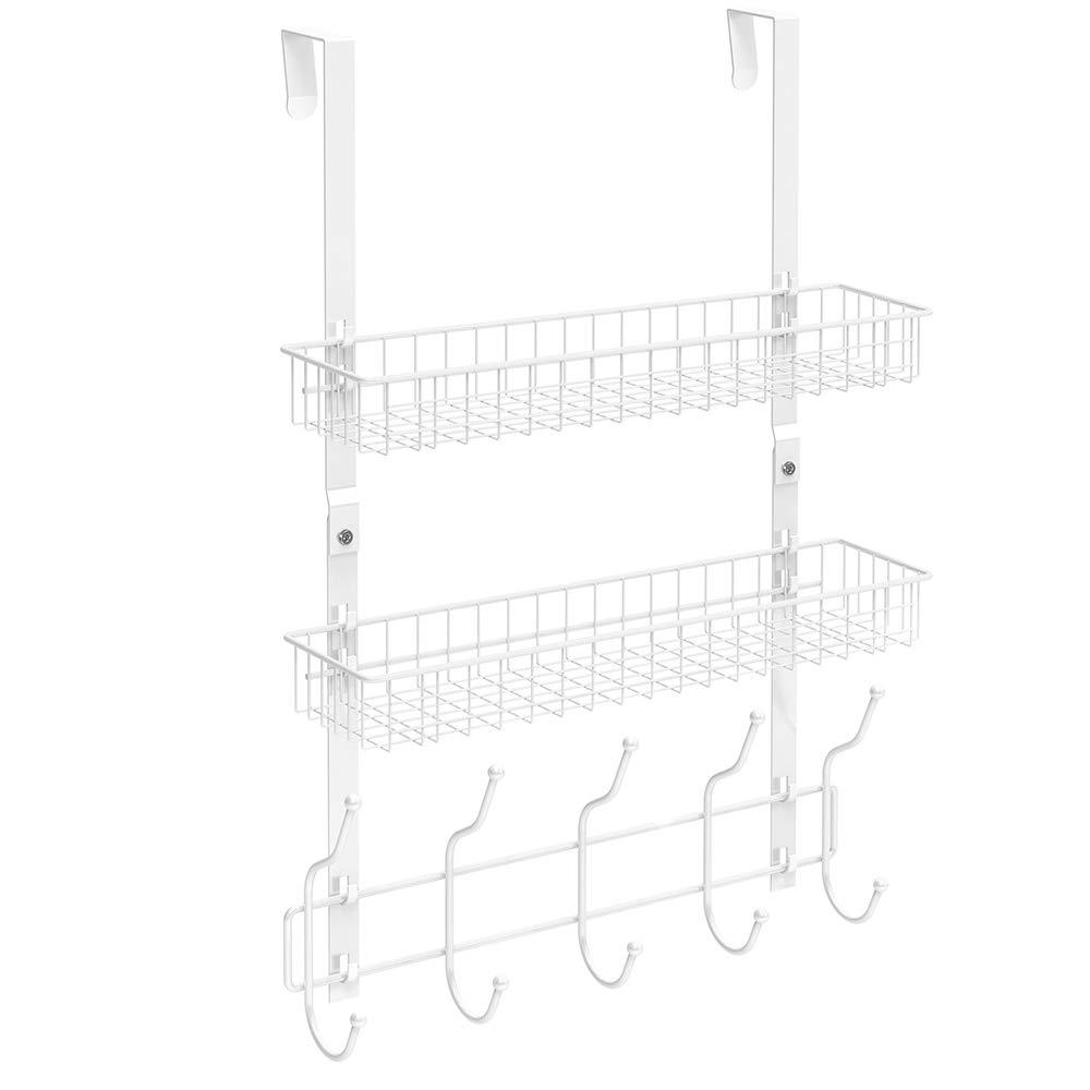NEX Upgrade Over The Door Hook Shelf Organizer 5 Hooks with 2 Baskets Storage Rack for Coats & Towels, Chrome (White)