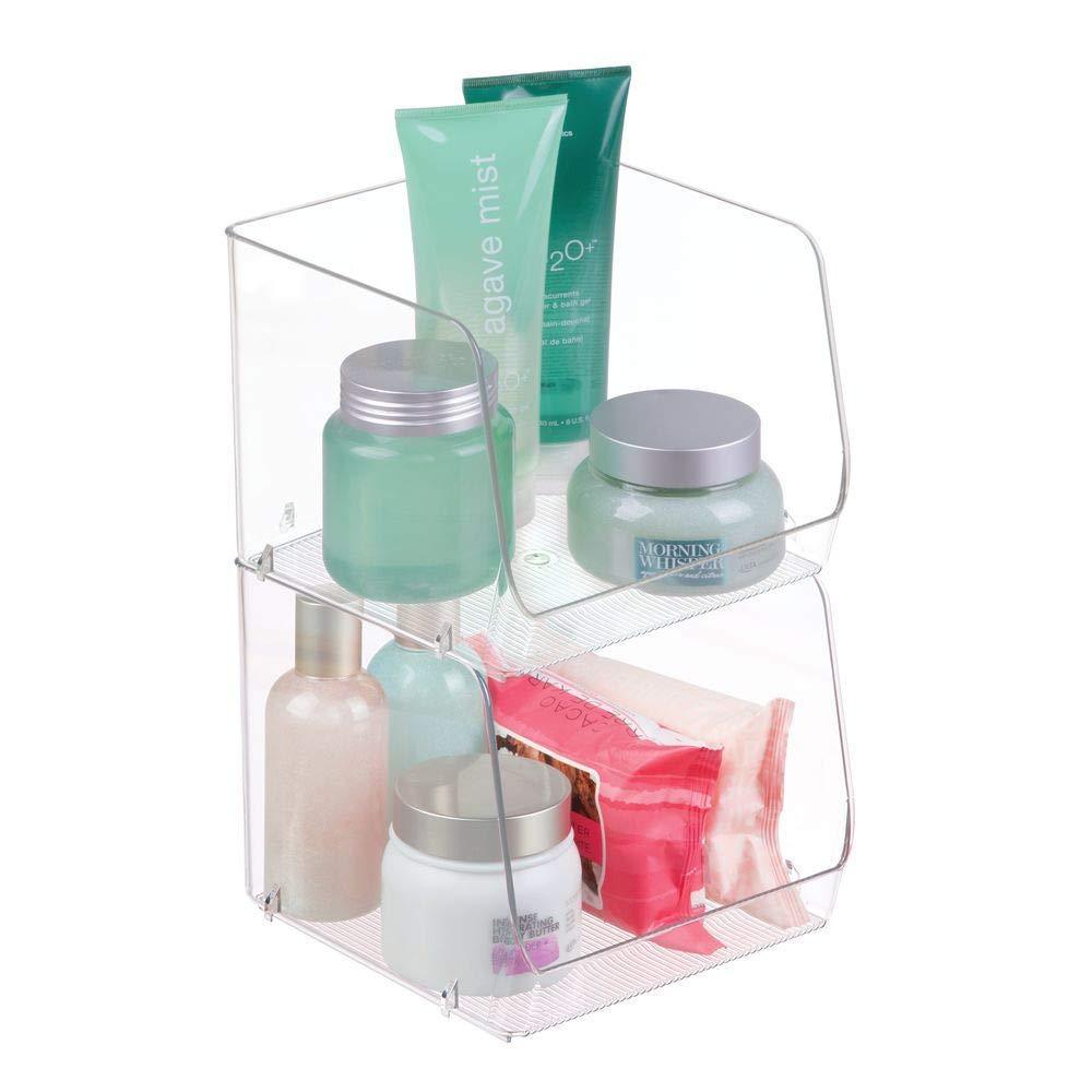 New large stackable plastic bathroom storage organizer bin basket with wide open front for vanity countertops cabinets closets under sinks cube 7 75 wide 4 pack clear