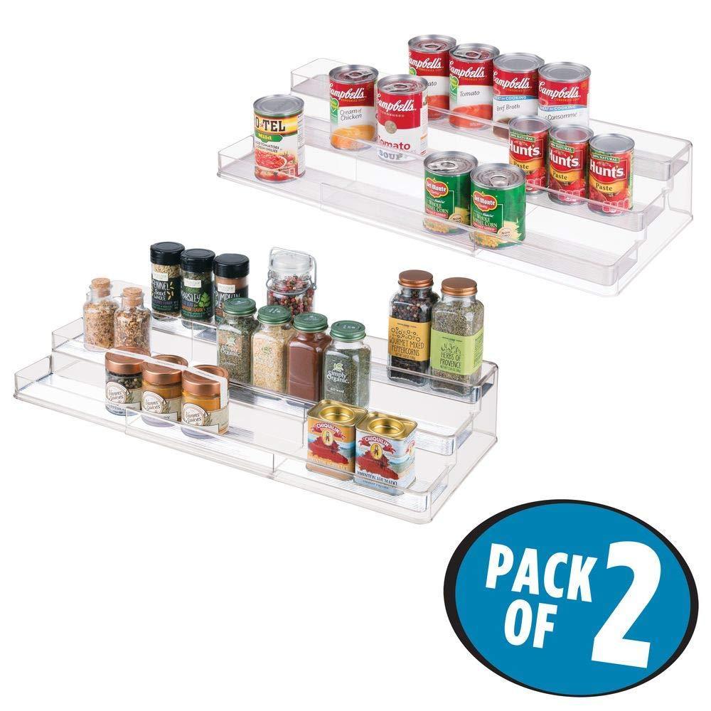 Get large plastic adjustable expandable kitchen cabinet pantry shelf organizer spice rack with 3 tiered levels of storage for spice bottles jars seasonings baking supplies 2 pack clear