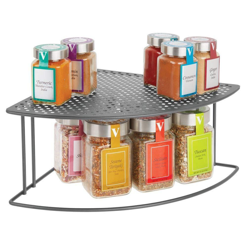 The best rustic metal corner shelf 2 tier storage organizer for kitchen cabinet pantry shelf counter holds dishes baking supplies canned goods spices rounded design 2 pack graphite gray