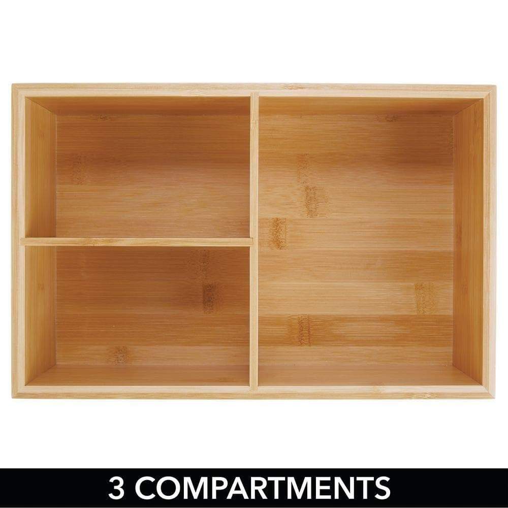 Get bamboo wood kitchen storage bin organizer for food container lids and covers use in cabinets pantries cupboards large divided organizer with 3 sections 2 pack natural