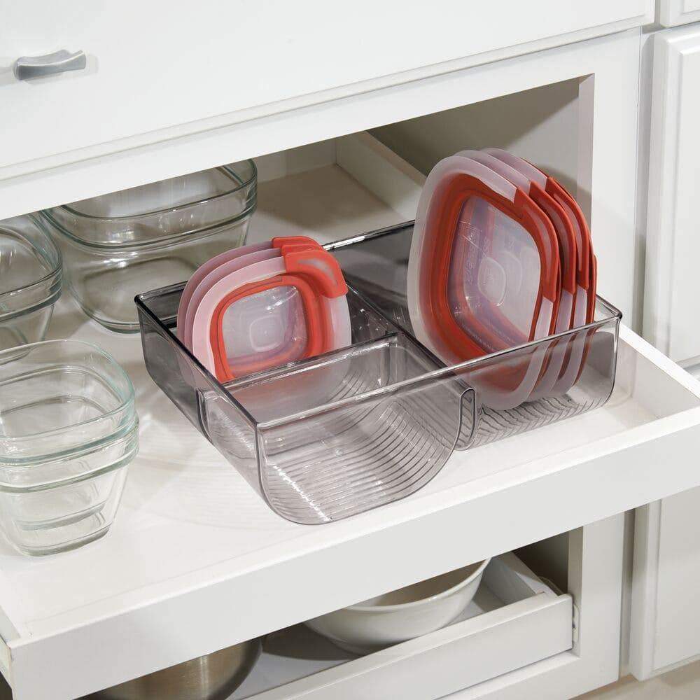 Save food storage container lid holder 3 compartment plastic organizer bin for organization in kitchen cabinets cupboards pantry shelves 2 pack smoke gray