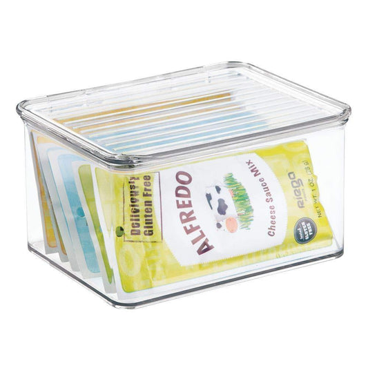 Best stackable kitchen pantry cabinet or refrigerator storage bin with attached hinged lid compact food storage organizer for coffee tea and food packets snacks bpa free pack of 3 clear