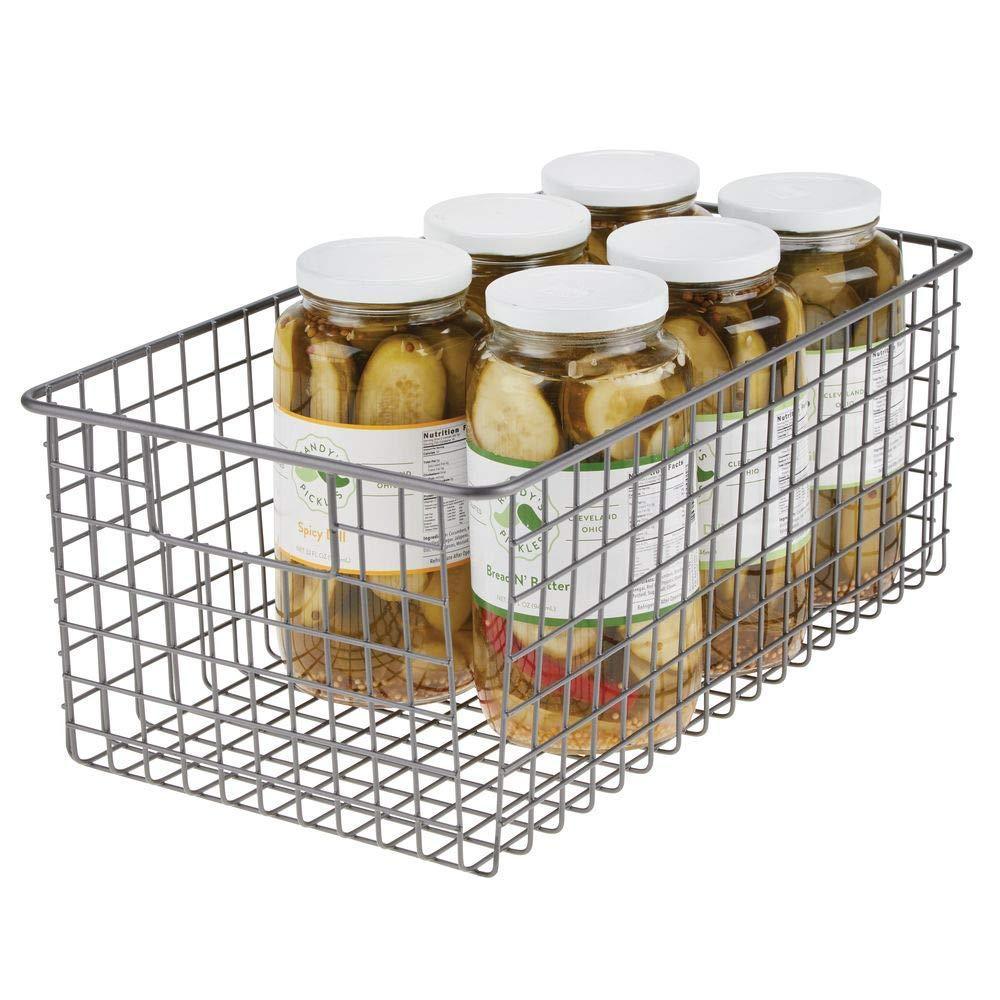 Exclusive farmhouse decor metal wire food organizer storage bin basket with handles for kitchen cabinets pantry bathroom laundry room closets garage 16 x 9 x 6 in 4 pack graphite gray