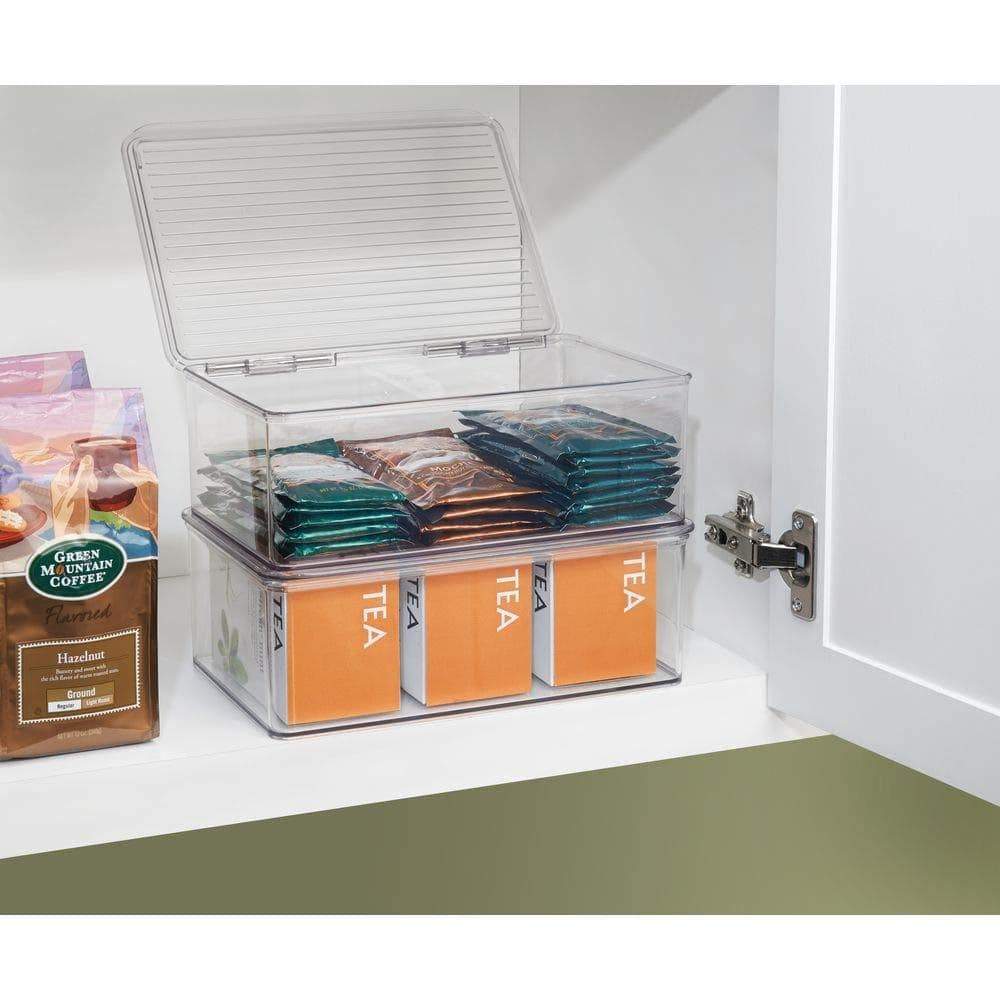 Discover the best stackable kitchen pantry cabinet or refrigerator storage bin with attached hinged lid compact storage organizer for coffee tea and food packets snacks bpa free pack of 2 clear