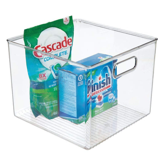 Storage organizer plastic food storage container bin with handles for kitchen pantry cabinet fridge freezer large organizer for snacks produce vegetables pasta bpa free 10 square 8 pack clear