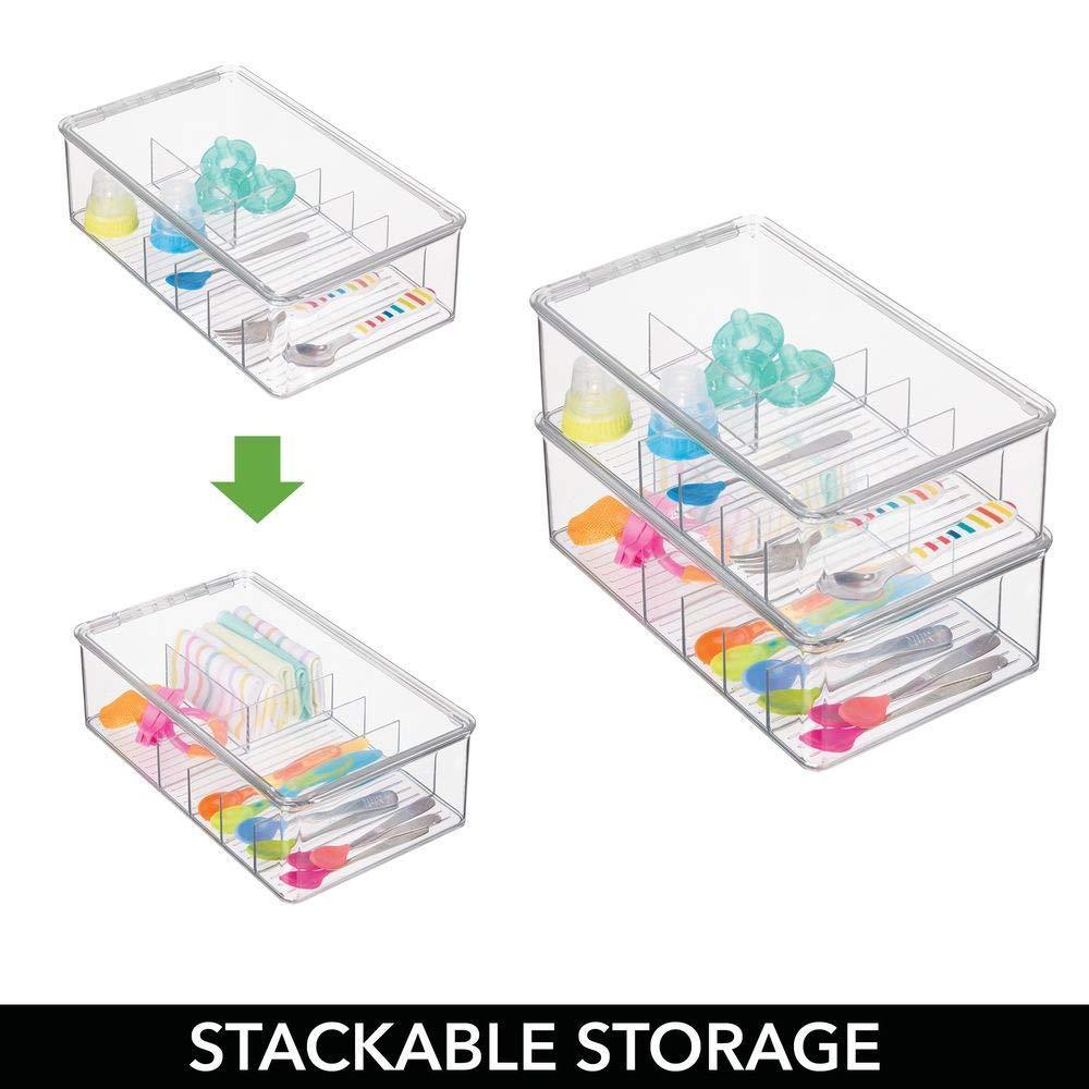 Explore stackable plastic storage organizer container for kitchen cabinets pantry countertops holds kids child toddler mealtime sets small accessories 6 sections bpa free 4 pack clear