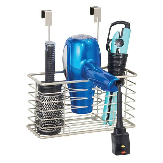 Shop farmhouse metal bathroom over cabinet door hair care styling tool organizer storage basket for hair dryer flat iron curling wand hair straightener brushes holds hot tools satin